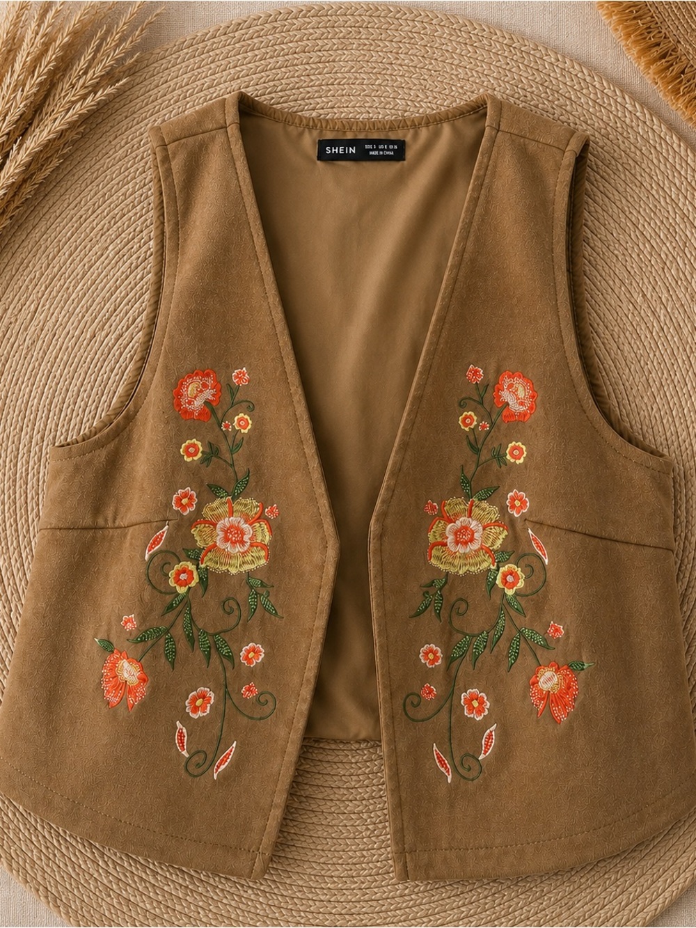SHEIN Brown Floral Embroidered Suede-Look Vest